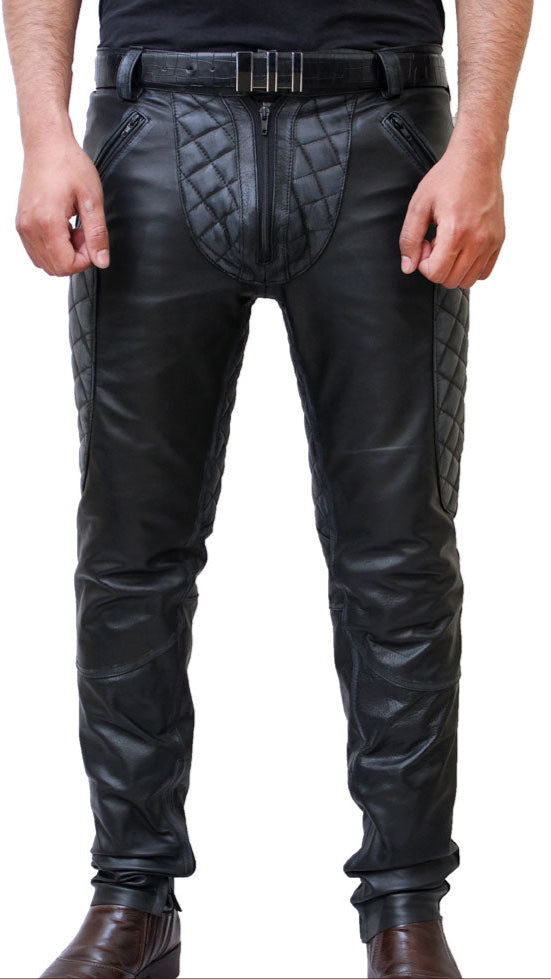 Men’s Distressed Cowhide Quilted Biker Pants – Handmade Leather Trousers