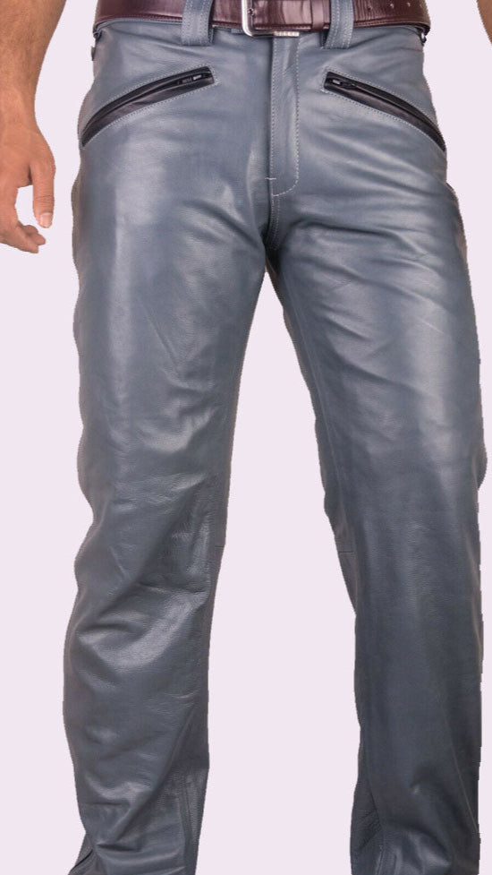 Men’s Grey Cowhide Leather Biker Pants – BLUF Style Trousers