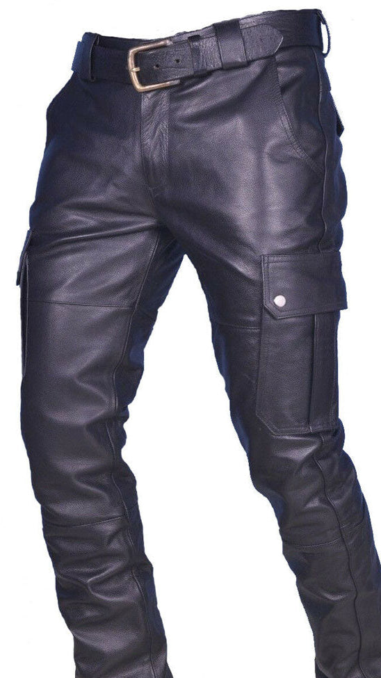Men’s Cowhide Leather Cargo Biker Pants – Multi Pocket Trousers