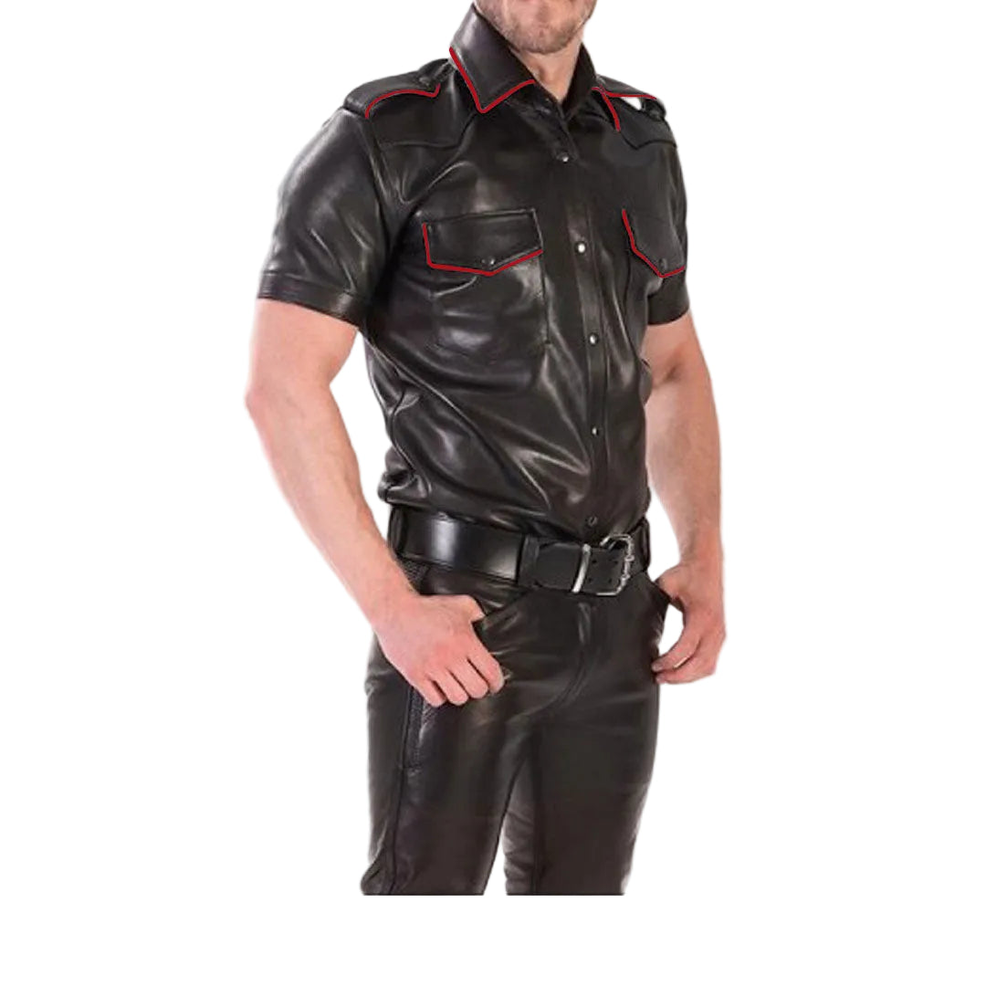 Men’s Real Lamb Leather Police Short Sleeves Shirt with Color Piping on Shoulders, Collar & Pocket
