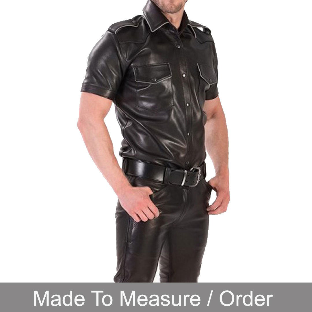 Men’s Real Lamb Leather Police Short Sleeves Shirt with Color Piping on Shoulders, Collar & Pocket