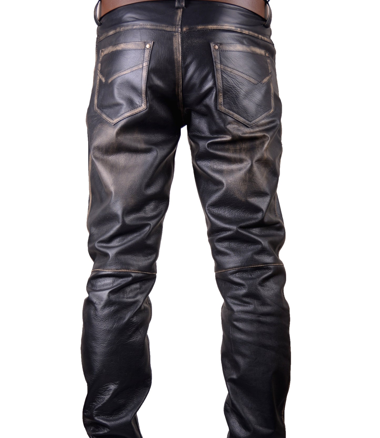 Men’s Vintage Cowhide Leather Biker Pants – Handmade 5-Pocket Style