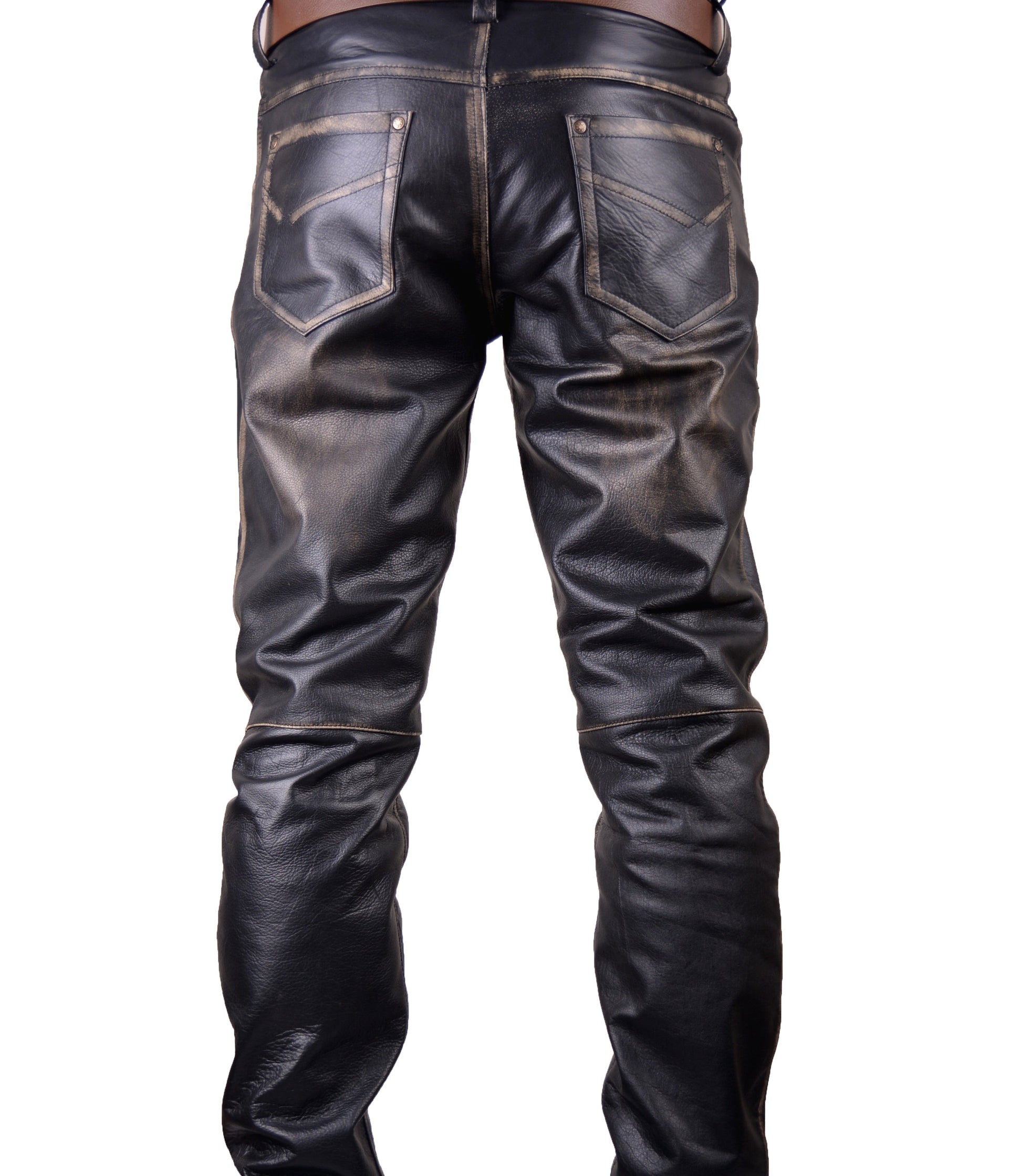 Men’s Vintage Cowhide Leather Biker Pants – Handmade 5-Pocket Style