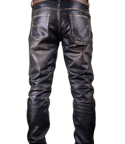 Men’s Vintage Cowhide Leather Biker Pants – Handmade 5-Pocket Style