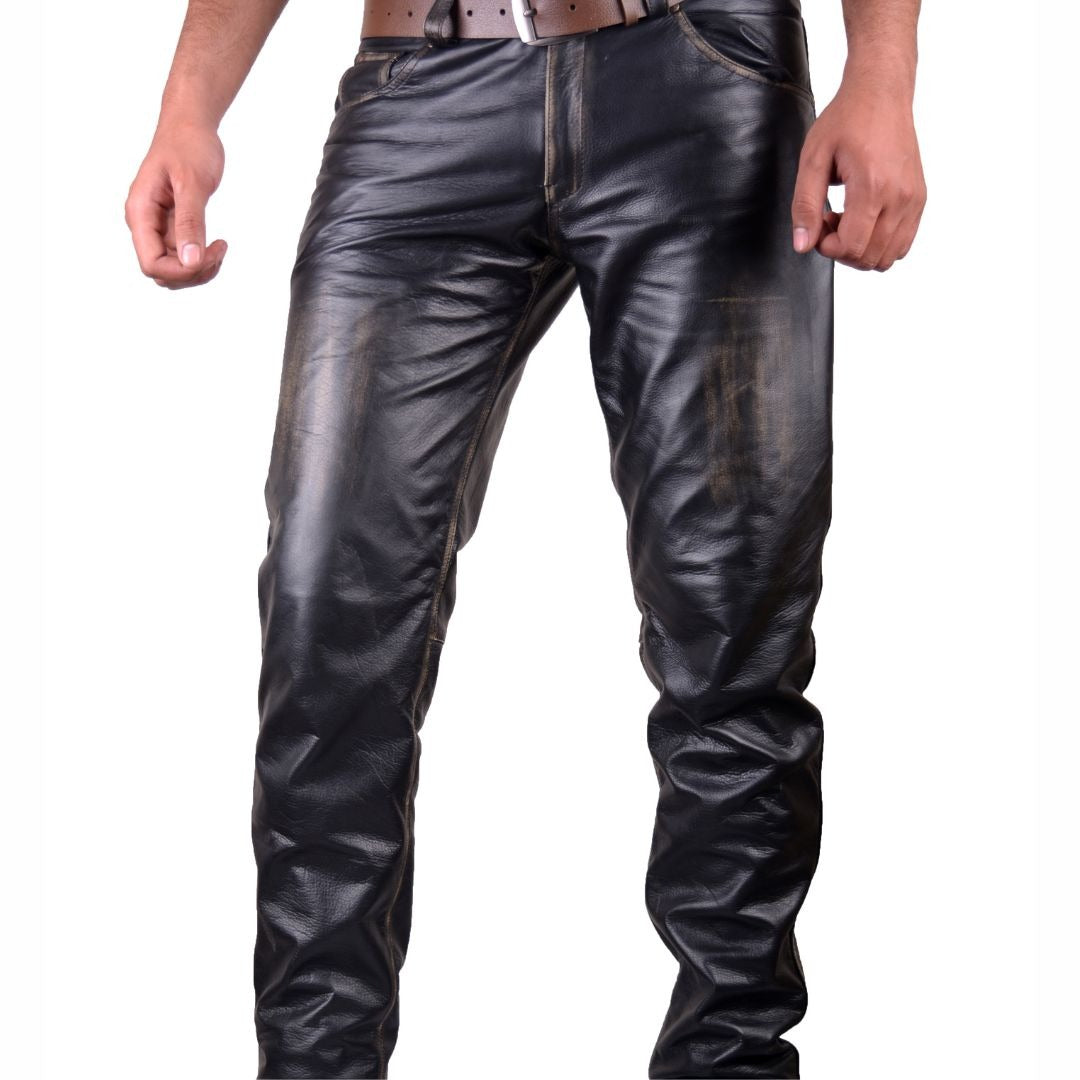 Men’s Vintage Cowhide Leather Biker Pants – Handmade 5-Pocket Style