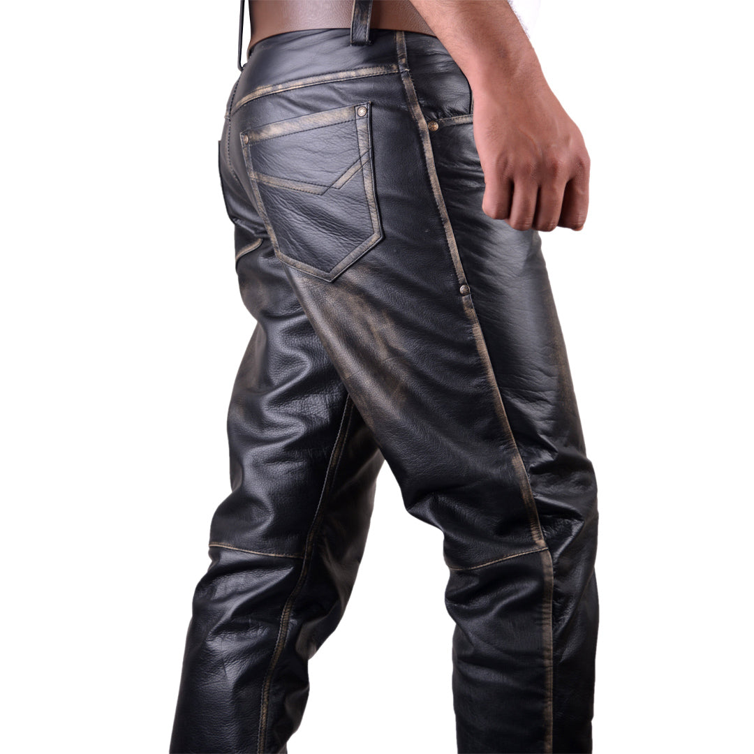 Men’s Vintage Cowhide Leather Biker Pants – Handmade 5-Pocket Style