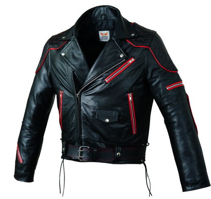 Men's Brando Cowhide Leather Biker Jacket with Quilted Panels & Red Accents