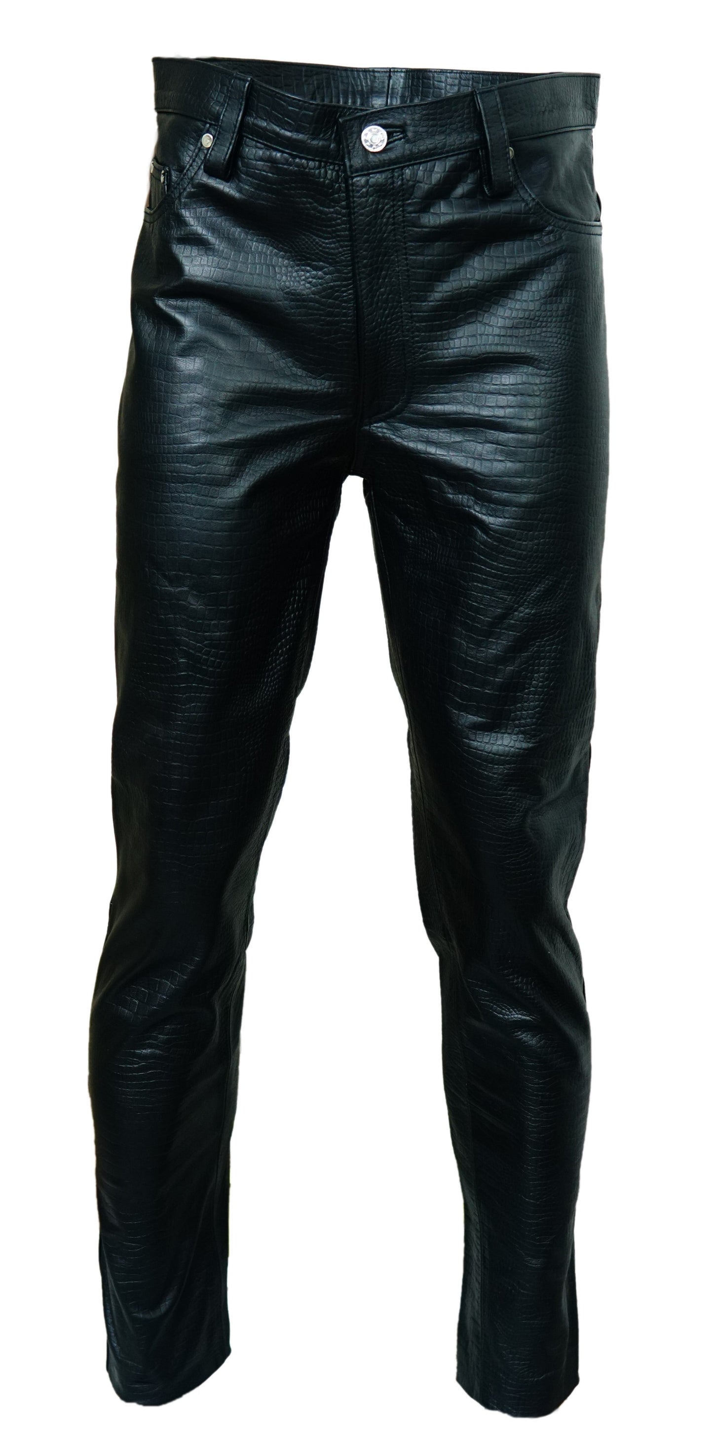 Men's Crocodile Print Cowhide Leather Biker Pants – 5 Pocket Style