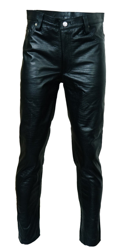Men's Crocodile Print Cowhide Leather Biker Pants – 5 Pocket Style
