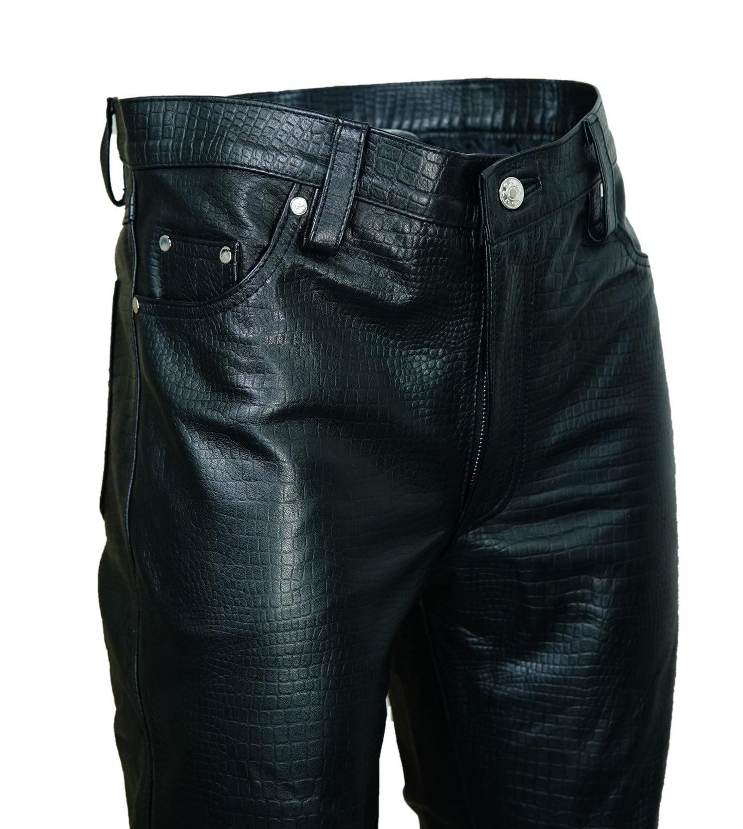 Men's Crocodile Print Cowhide Leather Biker Pants – 5 Pocket Style