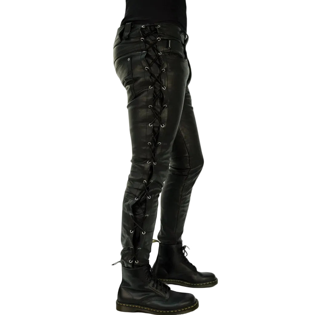 Men's Cowhide Leather Lace-Up Biker Pants with 5 Pockets