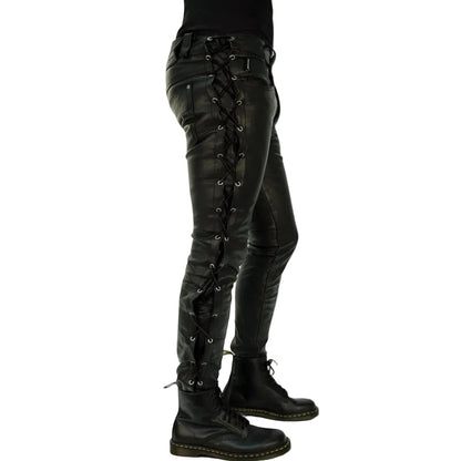 Men's Cowhide Leather Lace-Up Biker Pants with 5 Pockets
