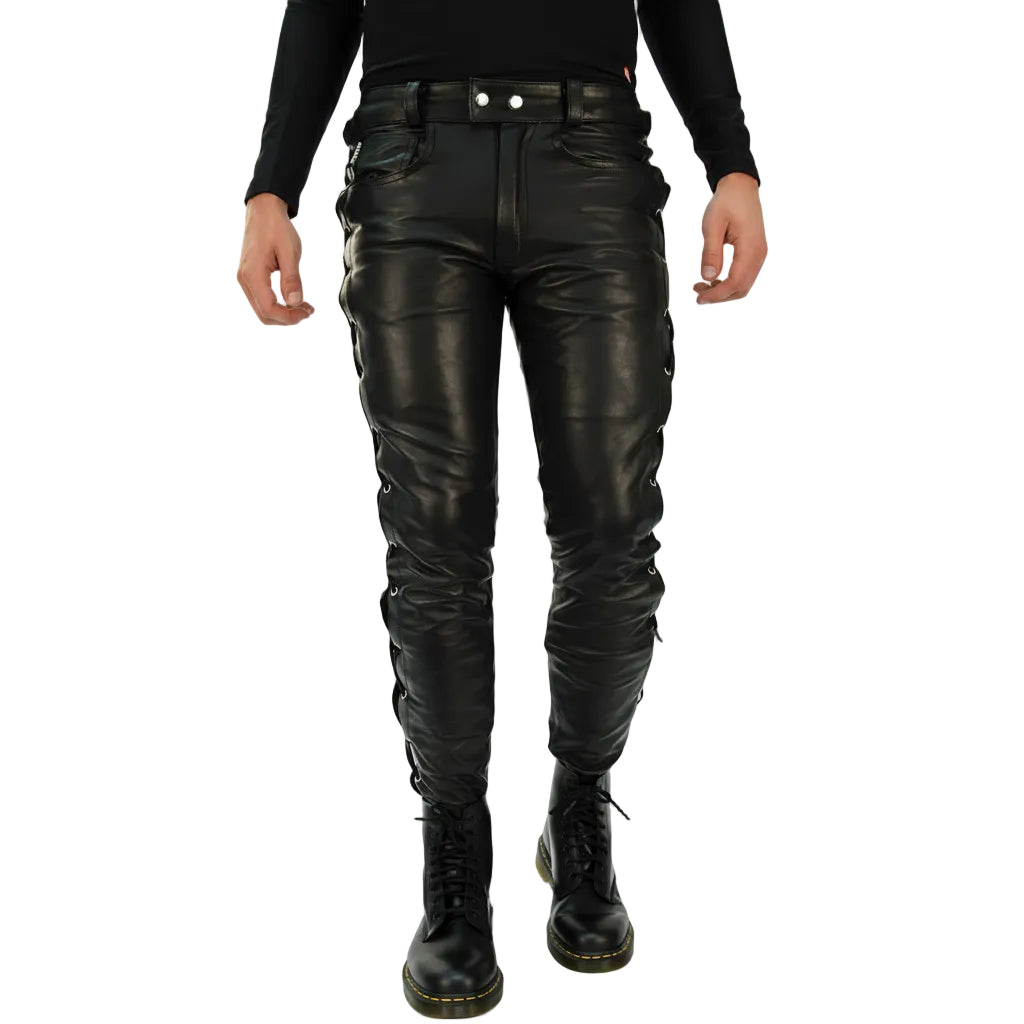 Men's Cowhide Leather Lace-Up Biker Pants with 5 Pockets