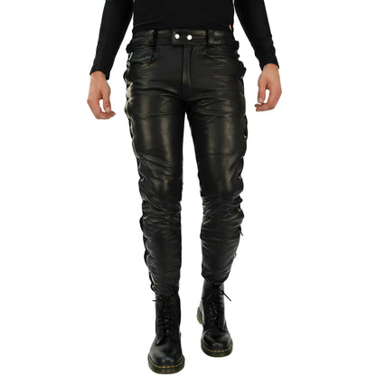 Men's Cowhide Leather Lace-Up Biker Pants with 5 Pockets