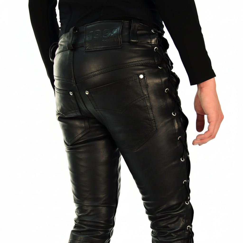 Men's Cowhide Leather Lace-Up Biker Pants with 5 Pockets