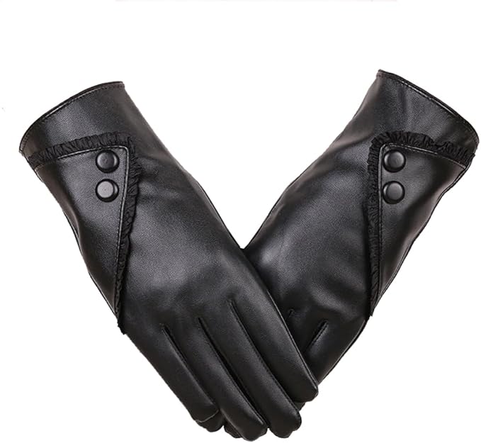 Stylish women’s black leather touchscreen gloves with thermal lining and waterproof design, perfect for winter driving and everyday cold-weather wear.