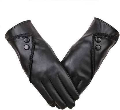 Stylish women’s black leather touchscreen gloves with thermal lining and waterproof design, perfect for winter driving and everyday cold-weather wear.