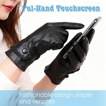 Black touchscreen gloves being used to operate a smartphone with text 'Ful-Hand Touchscreen' and 'Fashionable design, simple and versatile'.