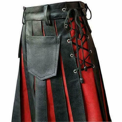 Men’s Real Cowhide Leather Utility Kilt with Side Laces, Pockets & Red/Blue Trims