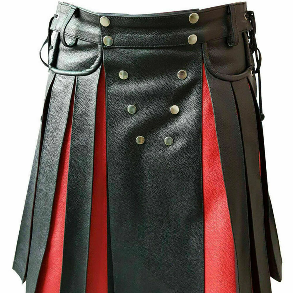 Men’s Real Cowhide Leather Utility Kilt with Side Laces, Pockets & Red/Blue Trims