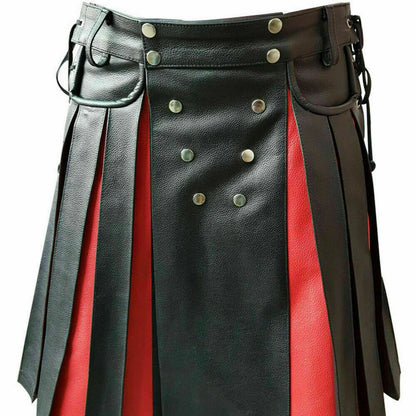 Men’s Real Cowhide Leather Utility Kilt with Side Laces, Pockets & Red/Blue Trims