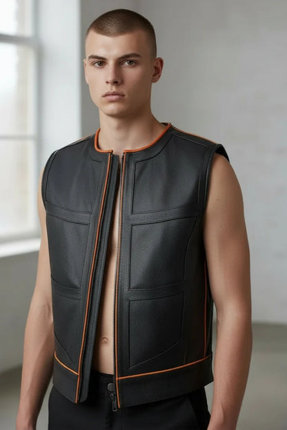 Men’s Real Cow Leather Biker Vest with Contrast Piping & PAW Logo – BLUF Style