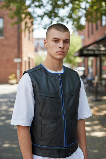 Men’s Real Cow Leather Biker Vest with Contrast Piping & PAW Logo – BLUF Style