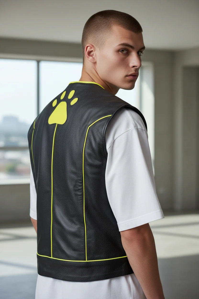 Men’s Real Cow Leather Biker Vest with Contrast Piping & PAW Logo – BLUF Style