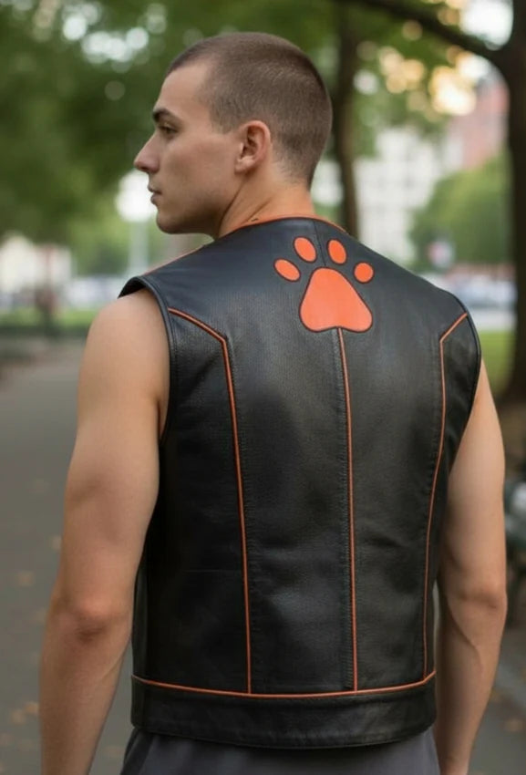 Men’s Real Cow Leather Biker Vest with Contrast Piping & PAW Logo – BLUF Style