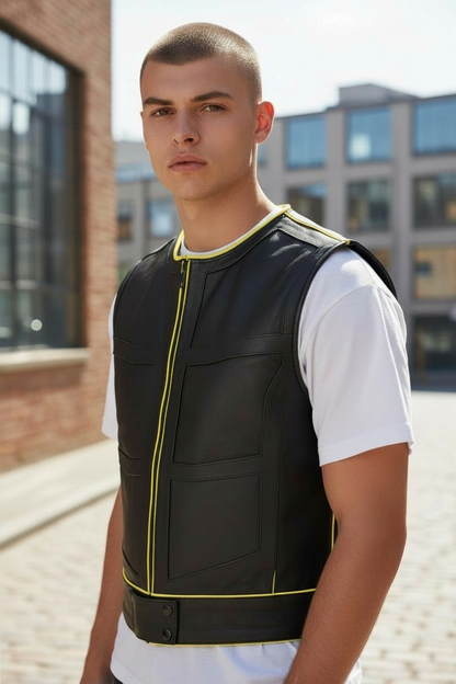 Men’s Real Cow Leather Biker Vest with Contrast Piping & PAW Logo – BLUF Style