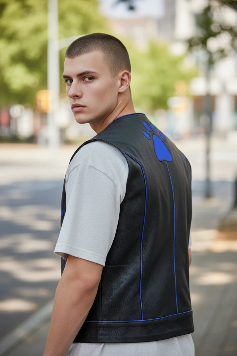 Men’s Real Cow Leather Biker Vest with Contrast Piping & PAW Logo – BLUF Style