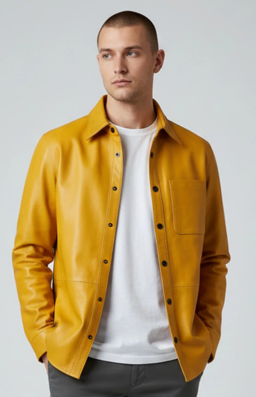 Men’s Yellow Real Leather Shirt – Full Sleeve Snap Button Chest Pocket