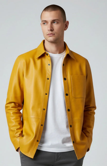Men’s Yellow Real Leather Shirt – Full Sleeve Snap Button Chest Pocket