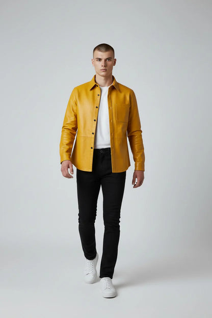 Men’s Yellow Real Leather Shirt – Full Sleeve Snap Button Chest Pocket