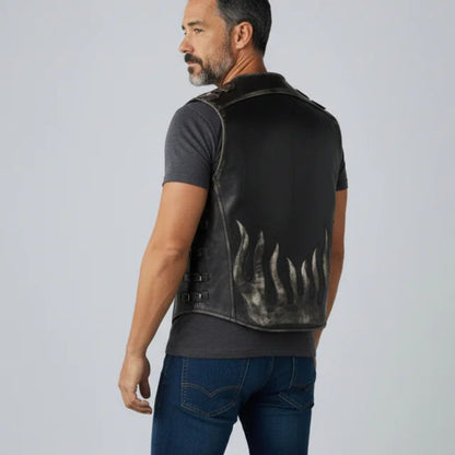 Men’s Distressed Cowhide Leather Biker Vest – Handmade Heavy Duty Motorcycle Waistcoat