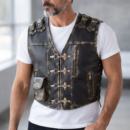Men’s Distressed Cowhide Leather Biker Vest – Handmade Heavy Duty Motorcycle Waistcoat