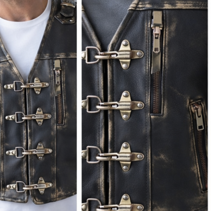 Men’s Distressed Cowhide Leather Biker Vest – Handmade Heavy Duty Motorcycle Waistcoat