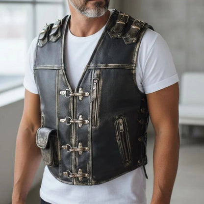 Men’s Distressed Cowhide Leather Biker Vest – Handmade Heavy Duty Motorcycle Waistcoat