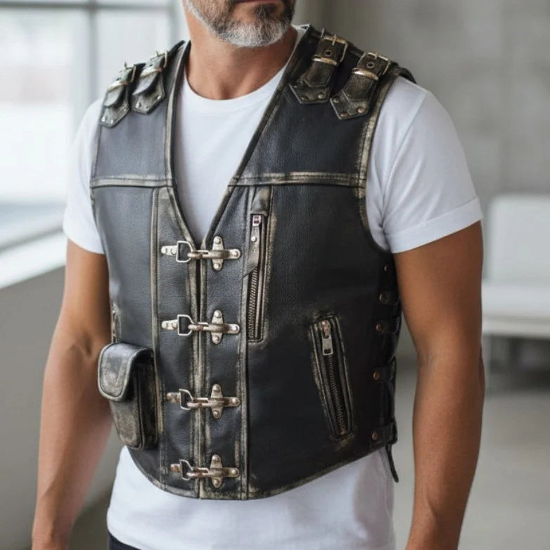 Men’s Distressed Cowhide Leather Biker Vest – Handmade Heavy Duty Motorcycle Waistcoat