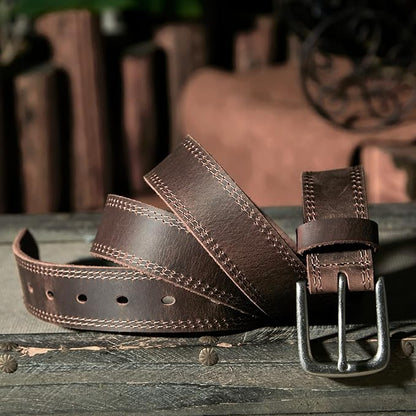 Men’s Genuine Leather Casual Jeans Belt – Handmade Everyday Leather Belt (Bourbon Brown Double Stitch)