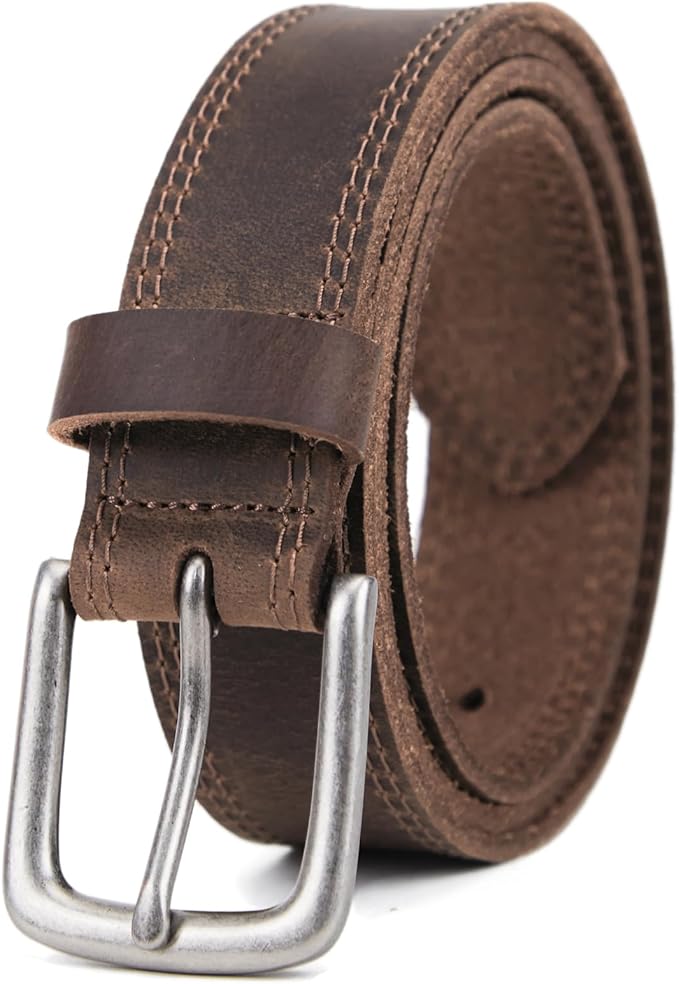 Men’s Genuine Leather Casual Jeans Belt – Handmade Everyday Leather Belt (Bourbon Brown Double Stitch)