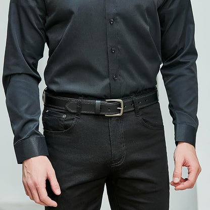 Men’s Genuine Leather Casual Jeans Belt – Handmade Everyday Leather Belt (Black Double Stitch)
