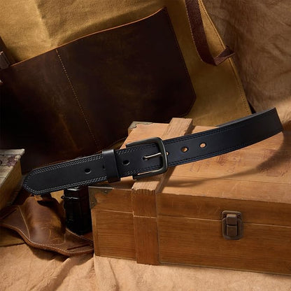 Men’s Genuine Leather Casual Jeans Belt – Handmade Everyday Leather Belt (Black Double Stitch)