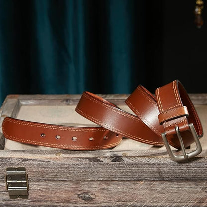Men’s Genuine Leather Casual Jeans Belt – Handmade Everyday Leather Belt (Brown Double Stitch)