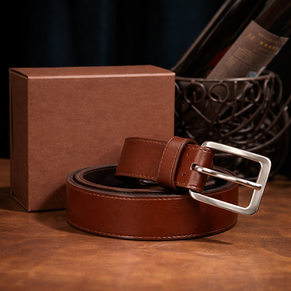 Men’s Genuine Leather Casual Jeans Belt – Handmade Everyday Leather Belt (Brown Double Stitch)