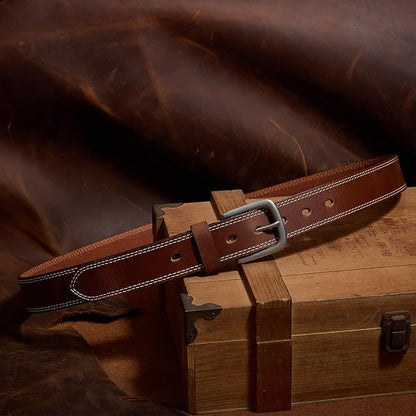 Men’s Genuine Leather Casual Jeans Belt – Handmade Everyday Leather Belt (Cognac Double Stitch)
