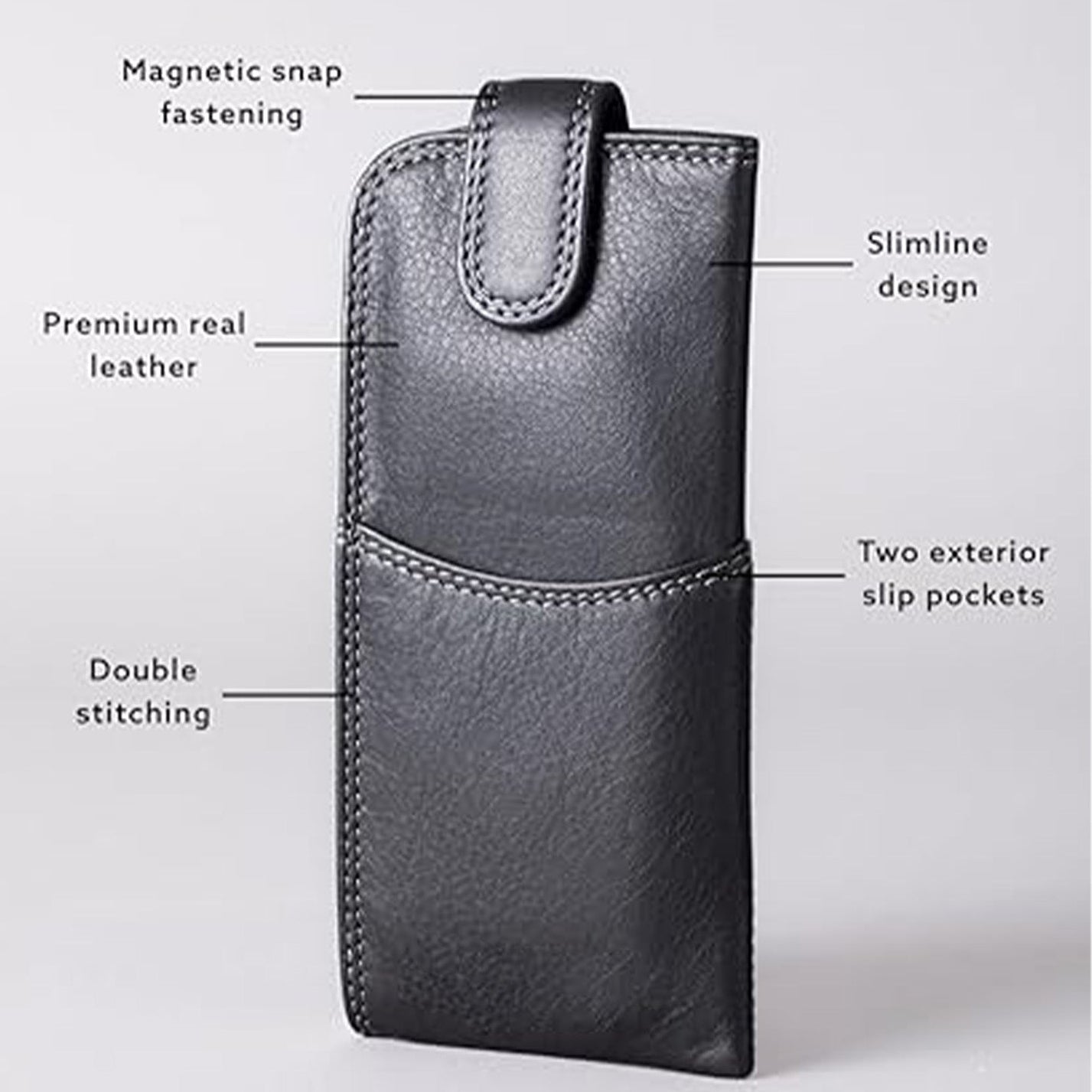 Slim Genuine Black Leather Glasses Case – Magnetic Eyewear Pouch for Reading Glasses & Sunglasses
