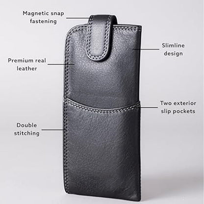 Slim Genuine Black Leather Glasses Case – Magnetic Eyewear Pouch for Reading Glasses & Sunglasses