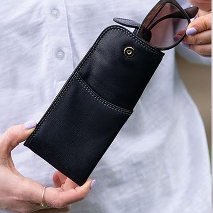 Slim Genuine Black Leather Glasses Case – Magnetic Eyewear Pouch for Reading Glasses & Sunglasses