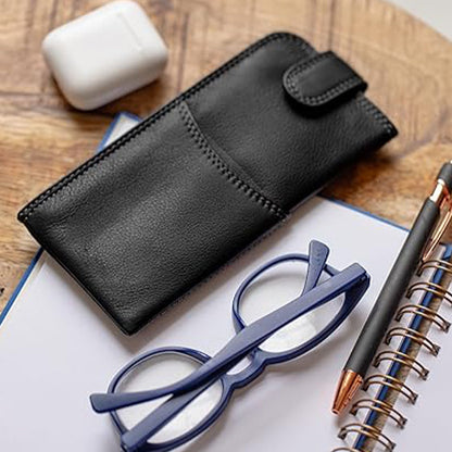 Slim Genuine Black Leather Glasses Case – Magnetic Eyewear Pouch for Reading Glasses & Sunglasses